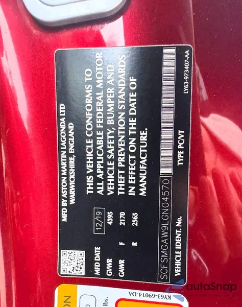 2020 Aston Martin Vantage z USA, uszkodzony, nr VIN SCFSMGAW9LGN04570